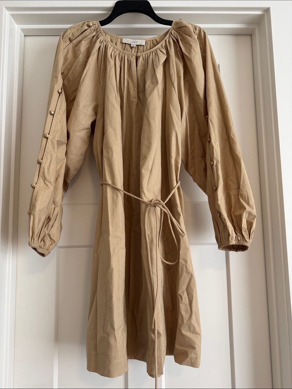 LOFT Tan Button-Sleeve Tie-Waist Midi Dress